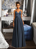 Karen A-Line V-neck Floor-Length Satin Prom Dresses UKP0014297