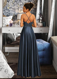 Karen A-Line V-neck Floor-Length Satin Prom Dresses UKP0014297