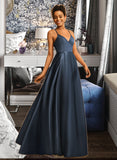 Karen A-Line V-neck Floor-Length Satin Prom Dresses UKP0014297