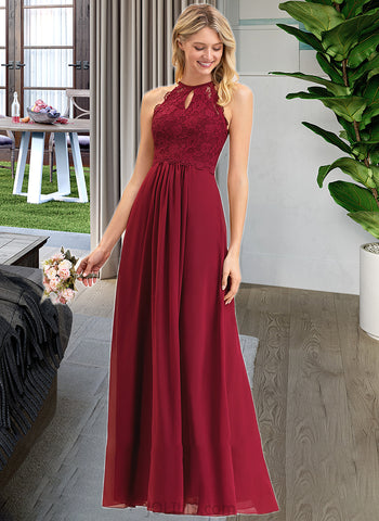 Hailee A-Line Scoop Neck Floor-Length Chiffon Lace Prom Dresses UKP0014299