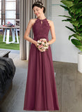 Hailee A-Line Scoop Neck Floor-Length Chiffon Lace Prom Dresses UKP0014299