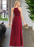 Hailee A-Line Scoop Neck Floor-Length Chiffon Lace Prom Dresses UKP0014299