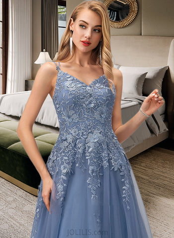 Sylvia Ball-Gown/Princess V-neck Floor-Length Tulle Prom Dresses With Lace UKP0014304