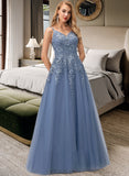 Sylvia Ball-Gown/Princess V-neck Floor-Length Tulle Prom Dresses With Lace UKP0014304