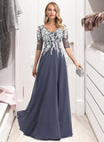 Leyla A-Line V-neck Floor-Length Chiffon Prom Dresses With Sequins Split Front UKP0014305