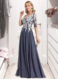 Leyla A-Line V-neck Floor-Length Chiffon Prom Dresses With Sequins Split Front UKP0014305