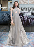 Iliana A-Line Halter Floor-Length Chiffon Prom Dresses With Split Front Pleated UKP0014306