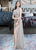 Iliana A-Line Halter Floor-Length Chiffon Prom Dresses With Split Front Pleated UKP0014306