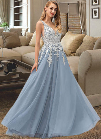 Gabriella Ball-Gown/Princess V-neck Floor-Length Tulle Prom Dresses With Lace UKP0014307