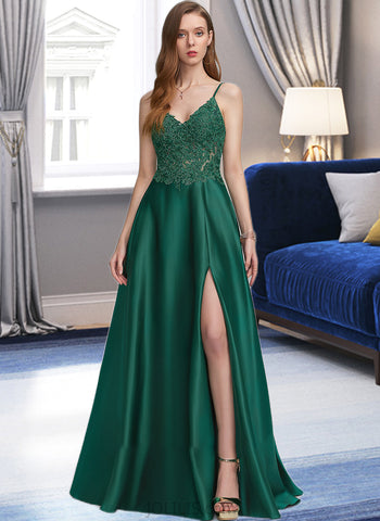 Sandra A-Line V-neck Floor-Length Satin Prom Dresses With Split Front UKP0014310