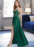 Sandra A-Line V-neck Floor-Length Satin Prom Dresses With Split Front UKP0014310