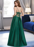 Sandra A-Line V-neck Floor-Length Satin Prom Dresses With Split Front UKP0014310