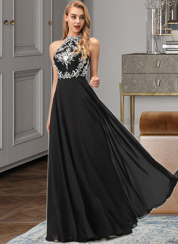 Kenna A-Line Scoop Neck Floor-Length Chiffon Prom Dresses With Lace UKP0014311