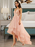 Dahlia Ball-Gown/Princess V-neck Asymmetrical Tulle Prom Dresses With Lace UKP0014313