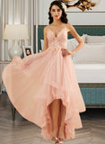 Dahlia Ball-Gown/Princess V-neck Asymmetrical Tulle Prom Dresses With Lace UKP0014313