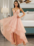 Dahlia Ball-Gown/Princess V-neck Asymmetrical Tulle Prom Dresses With Lace UKP0014313