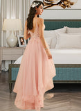 Dahlia Ball-Gown/Princess V-neck Asymmetrical Tulle Prom Dresses With Lace UKP0014313