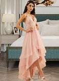 Dahlia Ball-Gown/Princess V-neck Asymmetrical Tulle Prom Dresses With Lace UKP0014313