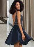 Victoria A-Line V-neck Short/Mini Satin Prom Dresses With Beading Sequins UKP0014314