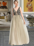 Mikayla A-Line V-neck Floor-Length Tulle Prom Dresses With Beading Sequins Split Front UKP0014315