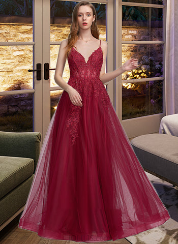 Elva Ball-Gown/Princess V-neck Floor-Length Tulle Prom Dresses With Beading Sequins UKP0014316