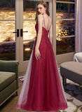 Elva Ball-Gown/Princess V-neck Floor-Length Tulle Prom Dresses With Beading Sequins UKP0014316