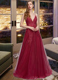 Elva Ball-Gown/Princess V-neck Floor-Length Tulle Prom Dresses With Beading Sequins UKP0014316