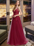 Elva Ball-Gown/Princess V-neck Floor-Length Tulle Prom Dresses With Beading Sequins UKP0014316