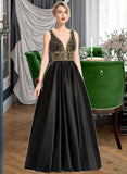 Ainsley Ball-Gown/Princess V-Neck Floor-Length Satin Prom Dresses With Beading Sequins UKP0014318