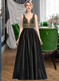 Ainsley Ball-Gown/Princess V-Neck Floor-Length Satin Prom Dresses With Beading Sequins UKP0014318