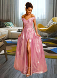 Jo A-Line Off-the-Shoulder Floor-Length Satin Prom Dresses With Sequins Pleated UKP0014319