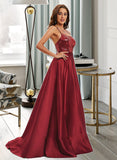 Hillary Ball-Gown/Princess Scoop Neck Sweep Train Satin Prom Dresses With Sequins UKP0014320