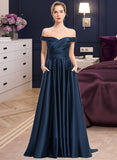 Chanel A-Line Off-the-Shoulder Sweep Train Satin Prom Dresses With Pockets UKP0014322