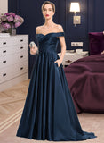 Chanel A-Line Off-the-Shoulder Sweep Train Satin Prom Dresses With Pockets UKP0014322