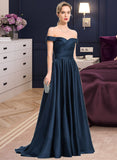 Chanel A-Line Off-the-Shoulder Sweep Train Satin Prom Dresses With Pockets UKP0014322