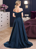 Chanel A-Line Off-the-Shoulder Sweep Train Satin Prom Dresses With Pockets UKP0014322