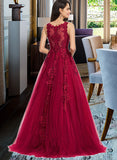 Tatum Ball-Gown/Princess Scoop Neck Sweep Train Tulle Prom Dresses With Beading UKP0014323