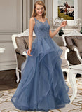 Asia Ball-Gown/Princess V-neck Floor-Length Tulle Prom Dresses With Lace Beading Sequins UKP0014324