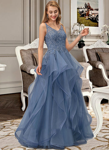 Asia Ball-Gown/Princess V-neck Floor-Length Tulle Prom Dresses With Lace Beading Sequins UKP0014324