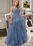 Asia Ball-Gown/Princess V-neck Floor-Length Tulle Prom Dresses With Lace Beading Sequins UKP0014324