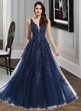 Luz A-Line V-neck Floor-Length Tulle Prom Dresses With Lace Sequins UKP0014325