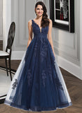 Luz A-Line V-neck Floor-Length Tulle Prom Dresses With Lace Sequins UKP0014325