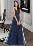 Luz A-Line V-neck Floor-Length Tulle Prom Dresses With Lace Sequins UKP0014325