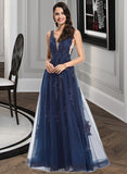 Luz A-Line V-neck Floor-Length Tulle Prom Dresses With Lace Sequins UKP0014325