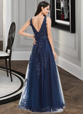 Luz A-Line V-neck Floor-Length Tulle Prom Dresses With Lace Sequins UKP0014325