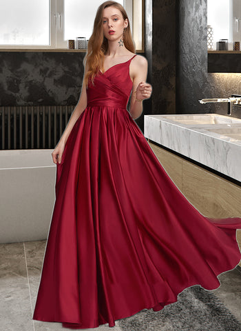 Adeline A-Line V-neck Floor-Length Satin Prom Dresses With Ruffle Pockets UKP0014327