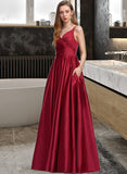 Adeline A-Line V-neck Floor-Length Satin Prom Dresses With Ruffle Pockets UKP0014327