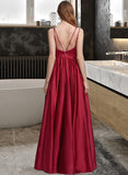 Adeline A-Line V-neck Floor-Length Satin Prom Dresses With Ruffle Pockets UKP0014327