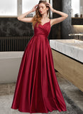 Adeline A-Line V-neck Floor-Length Satin Prom Dresses With Ruffle Pockets UKP0014327