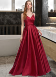 Adeline A-Line V-neck Floor-Length Satin Prom Dresses With Ruffle Pockets UKP0014327